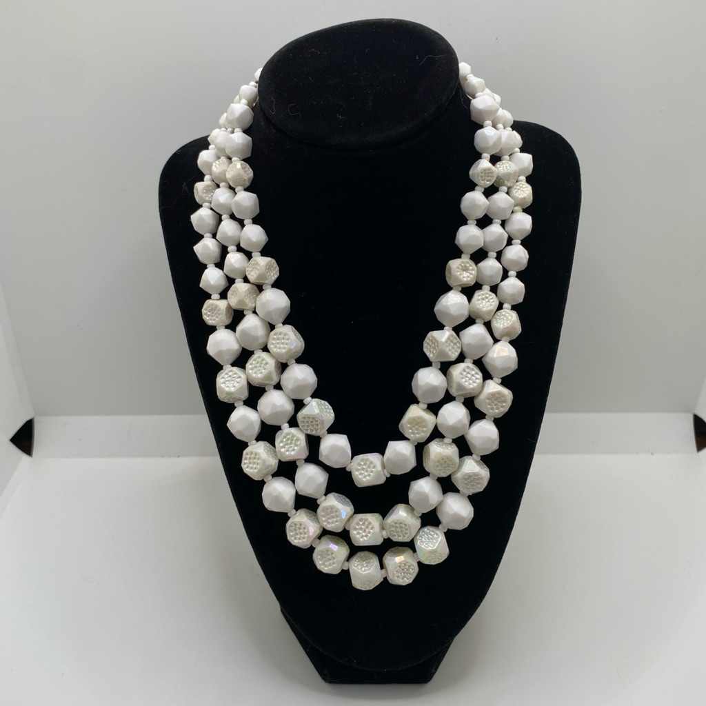 Vintage Triple-Strand White Iridescent Beaded Bib Necklace West Germany 18